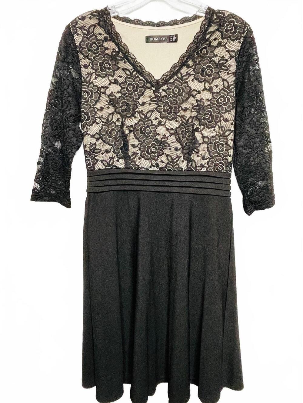 HOMEYEE Black Lace V-Neck Dress for Women, Size S